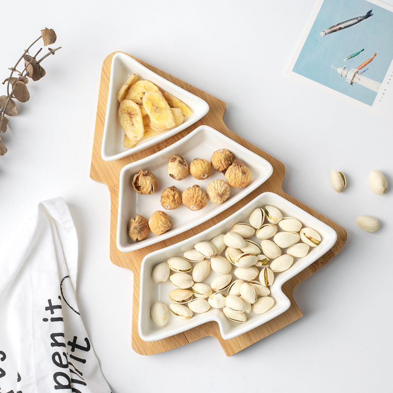 Nordic-Style Creative Ceramic Snack and Fruit Plate with Bamboo Base, Christmas Tree Candy and Dry Goods Divided Plate