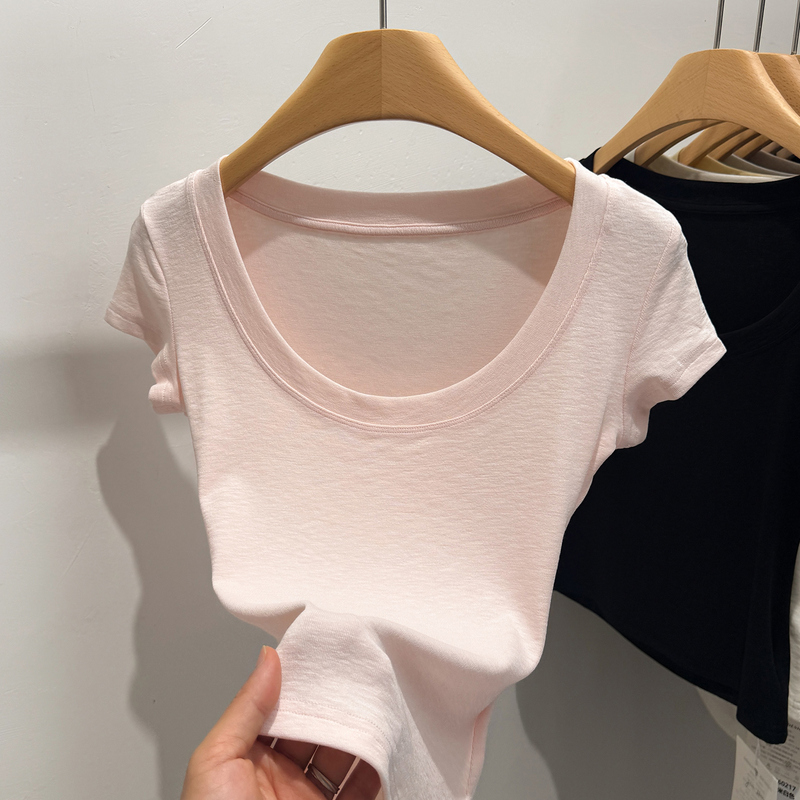 Light Pink Modal Cotton U-Neck Short-Sleeved T-Shirt for Women, Summer Korean Style Chic, Stunning Top, Slim Fit, Regular Shoulder Top Light Pink Modal Cotton U-Neck Short-Sleeved T-Shirt for Women, Summer Korean Style Chic, Stunning Top, Slim Fit, Regular Shoulder Top