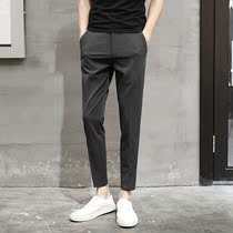 Amuda mens casual pants summer thin embroidery slim suit pants dress Korean trend black ankle-length pants