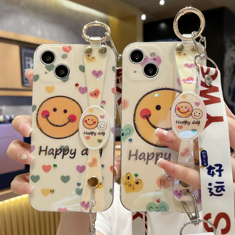 Suitable for Apple 13Promax smiley face mobile phone protective shell iphone12 wrist lanyard protective cover 11 XR shell XS
