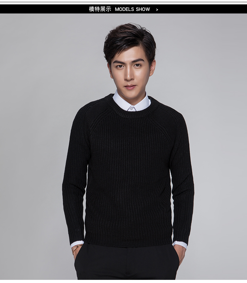 Áo len nam mùa xuân màu đen mặc áo len nam, đầu dày, đường kẻ dày, áo len cổ tròn, trẻ trung dày - Kéo qua áo thể thao