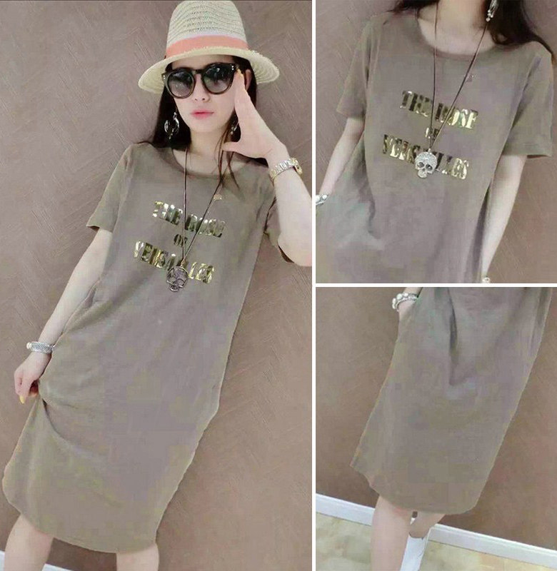 Hong Kong 2022 Summer new Korean version Ocean dress Large size Dress Alphabet Easy casual mid-length T-shirt Skirt Tide