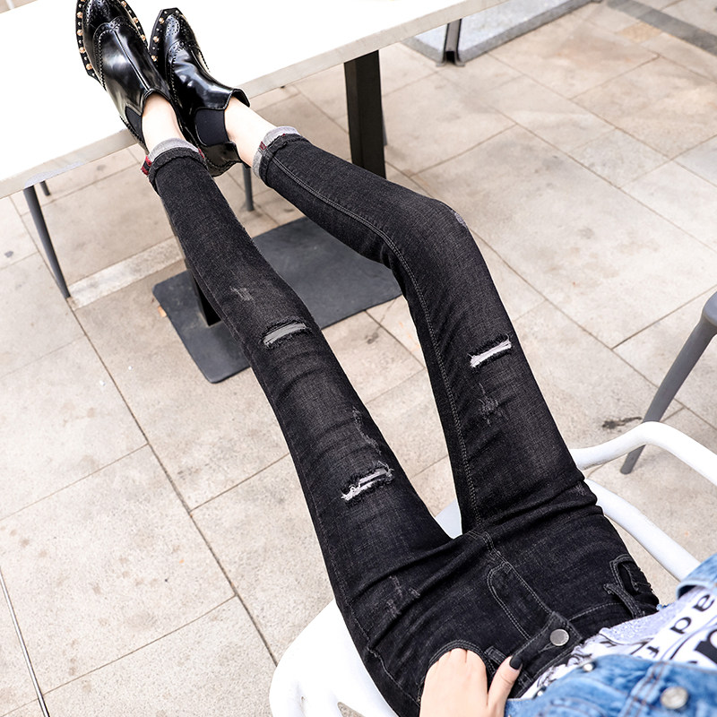 South Korean boomer 2022 new pure cotton black jeans woman high waist breaking hole tight fit and thin elastic 90% little feet