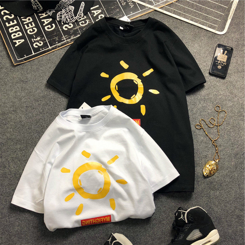 Hong Kong Tide 2022 Summer Sun Pure Cotton Male And Female Lovers Short Sleeves T-shirt Harbor Wind Day System Loose Half Sleeve 100 Hitch