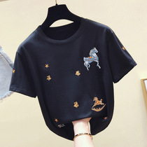 Hong Kong Tidal Card Womens Clothing 2022 New Loose Casual Summer Clothing Foreign Air Short Sleeve College Wind Loose Round Collar T-shirt Tide