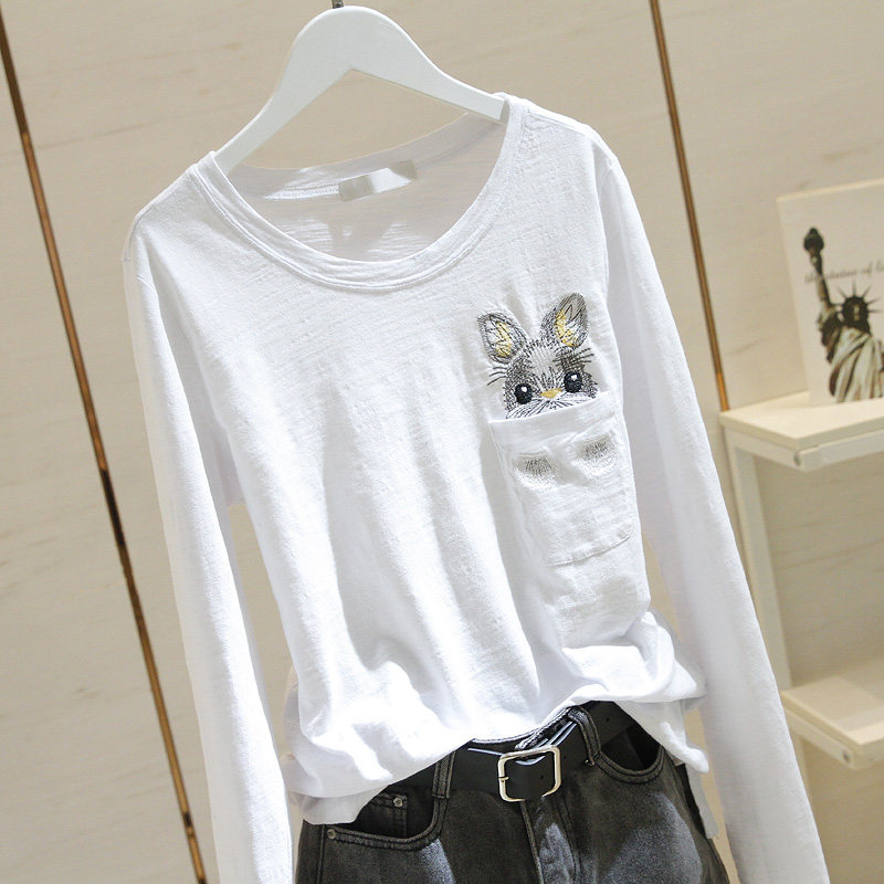 South Korea Spring Tide Card New Bamboo Festival Cotton White T-Shirt Woman Long Sleeve Loose Rabbit Cartoon 100 Hitch to hit bottom