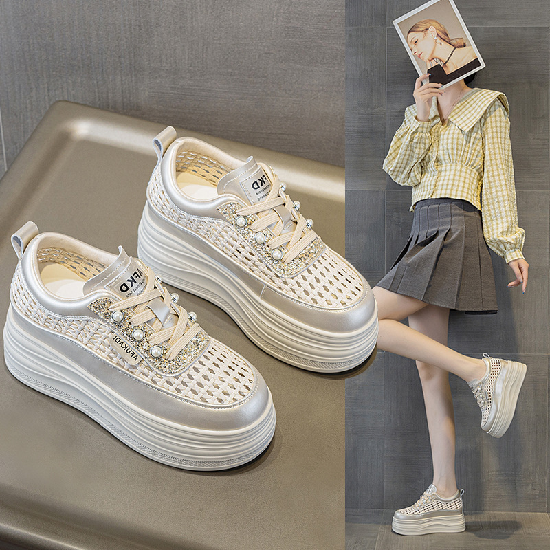 Genuine Leather Rhinestone White Sneakers for Women, Summer Mesh Breathable Casual Shoes, 8cm Invisible Height Increase for Petite Individuals, Dating Sneakers Genuine Leather Rhinestone White Sneakers for Women, Summer Mesh Breathable Casual Shoes, 8cm Invisible Height Increase for Petite Individuals, Dating Sneakers