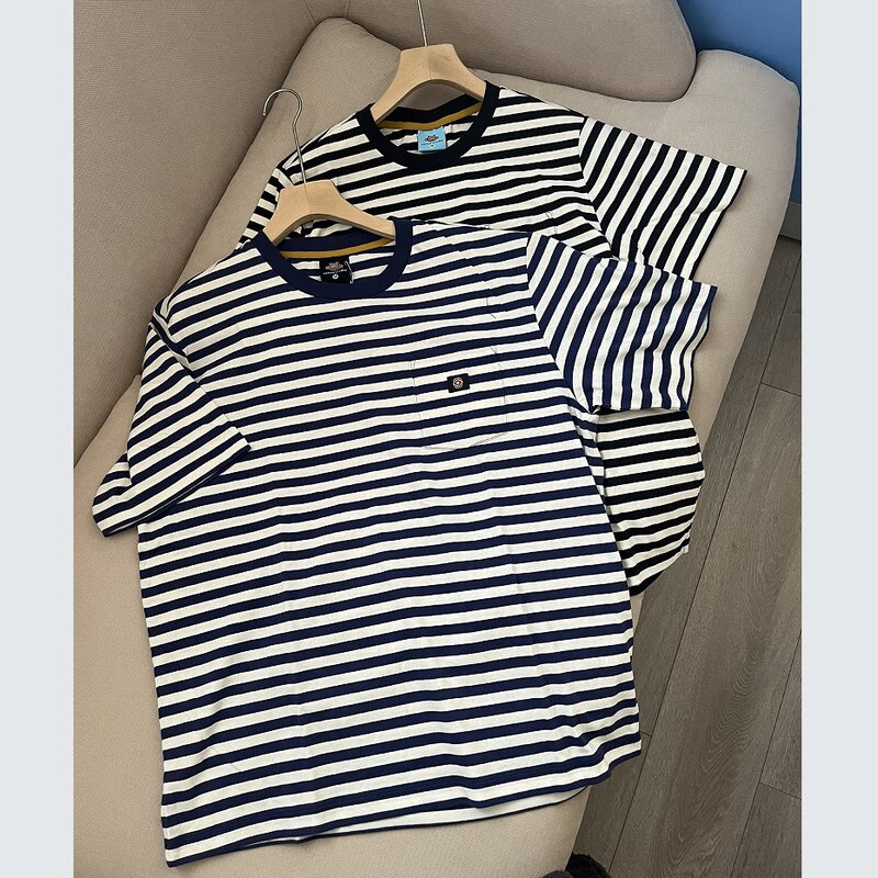 Pure Cotton~ Unisex Style Exported to Korea, Color-Blocked Navy Blue Striped Casual Loose Versatile Short-Sleeve T-Shirt Top