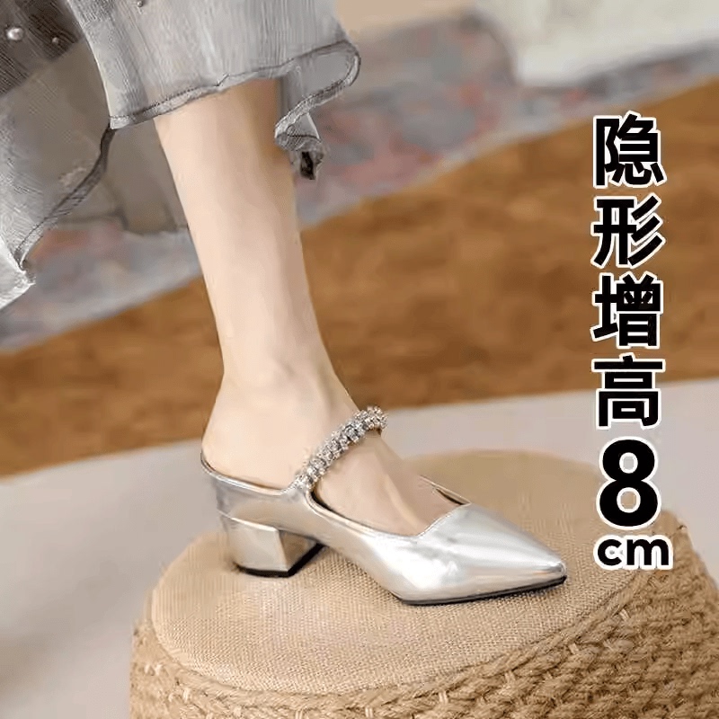 2026 New Style Closed-Toe Sandals for Women, Summer Pointed-Toe Outdoor Shoes, Silver High Heels with Hidden Height Increase for Petite Individuals, Half-Slippers
