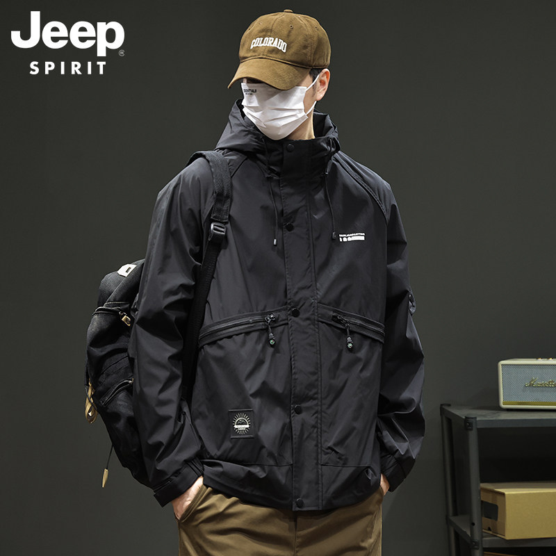 Jeep Trendy Brand Workwear Windbreaker Men's Jacket with Hood 2025 New Autumn American Outdoor Mountain Style Windproof Jacket