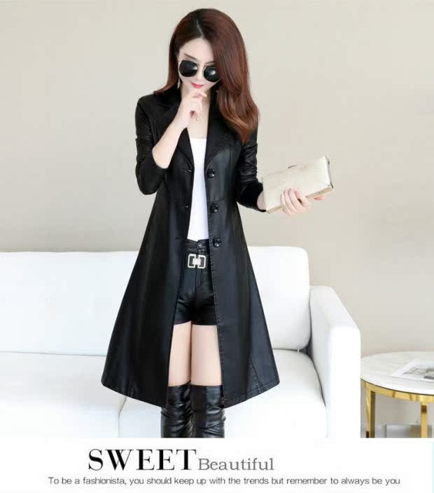 Áo khoác da nữ 2018 xuân hè mới cho nữ áo khoác dài thon gọn phù hợp với cổ áo da trench coat áo khoác da lộn