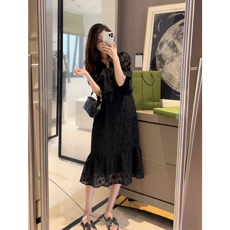 Summer Plus-Size Women's Clothing, Slimming and Elegant Black Lace Fishtail Chiffon Dress, French-Style Long Dress That Covers the Belly