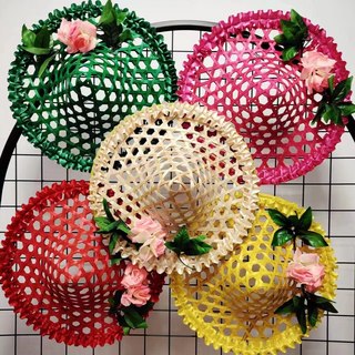 儿童舞台表演斗笠道具帽子竹编跳舞成人广场舞镂空彩色花朵竹草帽