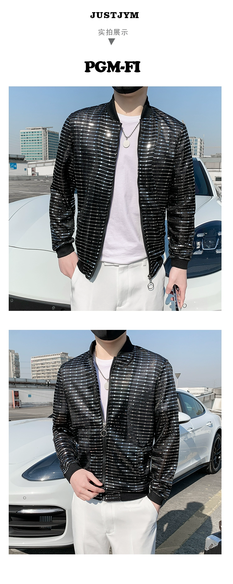 jean jacket men New Sequined Bomber Jacket Men Shiny Sequins Long Sleeve Glitter Zipper Coat Hip Hop Loose Night Club Stage Streetwear Coats blazer coat