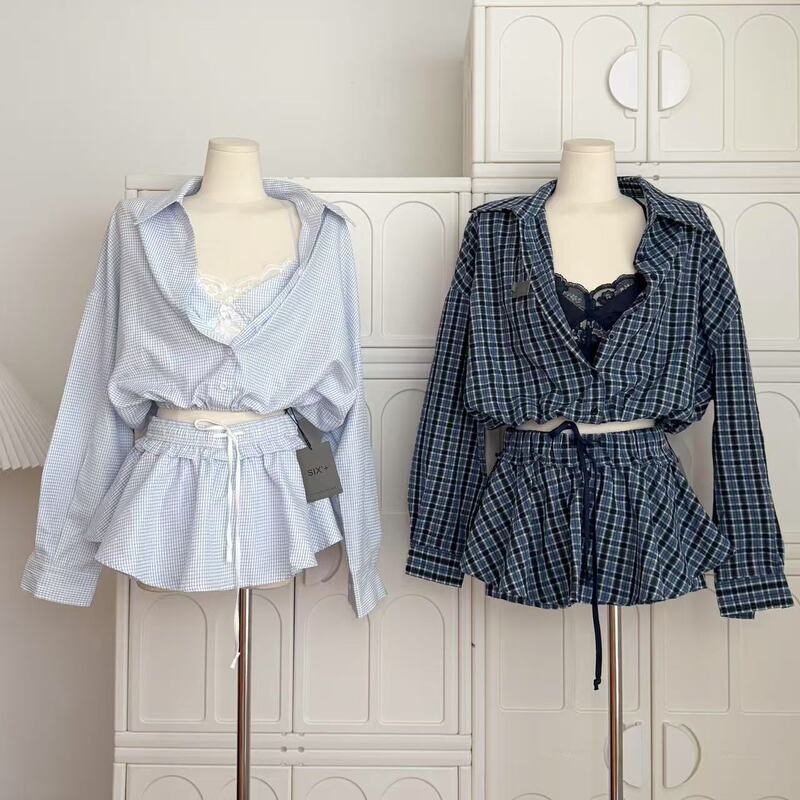 Tongiiuu Madrid Holiday Plaid Shirt Tops Lace Camisole Top A-Line Skirt Pants Set