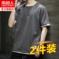 Fake two-piece t-shirt mens short-sleeved cotton loose large size top 2021 summer new trend mens half-sleeve t-shirt