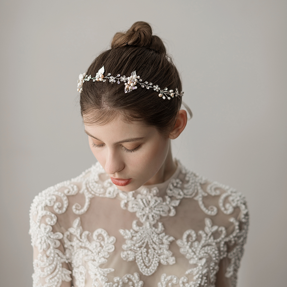 Freshwater Pearl Bridal Headwear SOUTH KOREA HIGH-END ALLOY LEAF SILVER COLOR STRING BEADS WEDDING DRESSES HAIR WITH HAIR ACCESSORIES