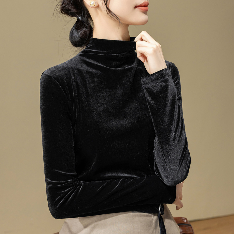 Velvet Base Layer Shirt for Women, Suitable for Spring and Autumn, Can Be Worn as an Outer Layer, Old Money Style, Black Top, Half-High Collar, Thin Velvet Long-Sleeve T-Shirt