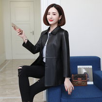 Haining leather coat female 2021 new spring and autumn decoration body large size sheepskin leather middle-aged mother medium-long section