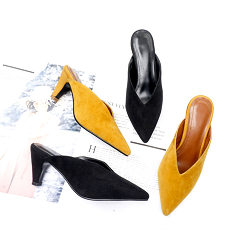 Spring and Summer Pointed Toe Chunky Heel Shoes, Sexy and Fashionable V-Cut Open-Toe Mules, Sheepskin Suede Women's High-Heeled Mules