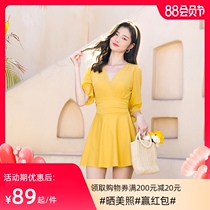 2021 new yellow swimsuit womens summer one-piece cover belly thin conservative sunscreen large size fat mm loose swimsuit
