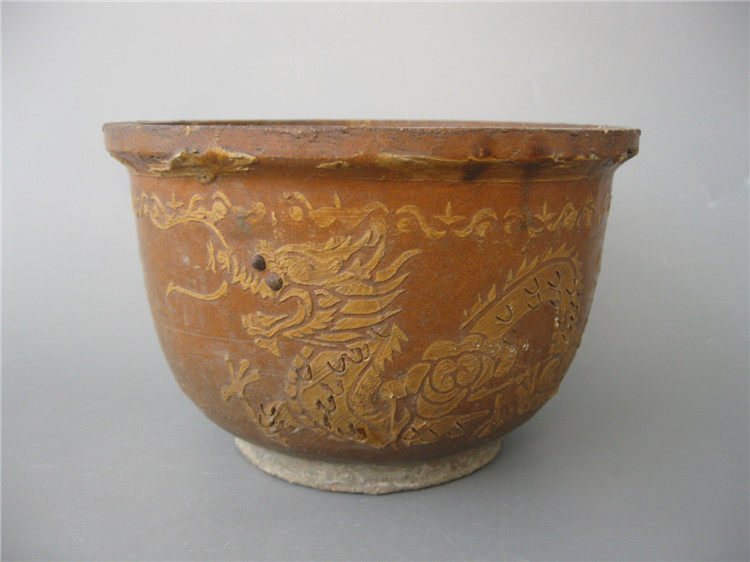 Republic of China old-fashioned clay pots handmade rough pottery flower pots Shuanglong play beads ceramic old flower pots bonsai succulent pots