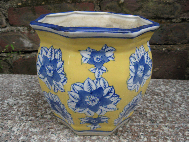 80's porcelain ceramic yellow glaze blue and white flower pattern old flower pot bonsai pot succulent pot pot home punch drill