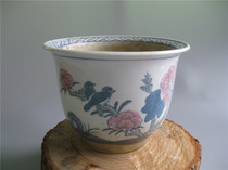 Cultural Revolution porcelain ceramic blue and white glaze red flowers and birds flower pattern flower pots old bonsai multi-Pot Pot Pot pastoral punch
