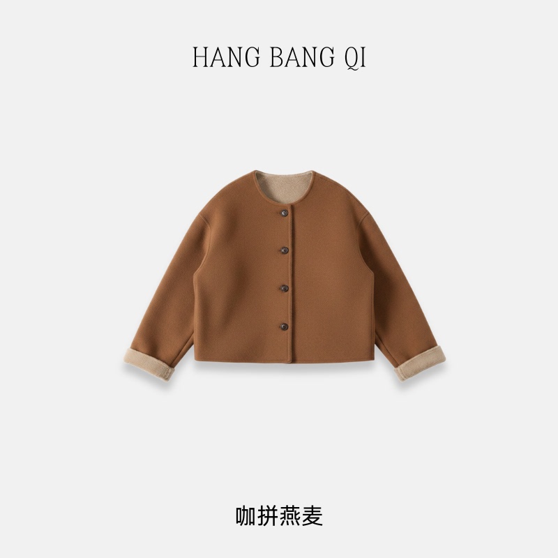 [Recommended by Huahua] Hangbangqi Contrast Color Round Neck Korean Retro Color Block Double-Sided Wool Coat Bmx2419