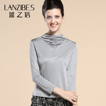 Blue Zhibei Spring and Autumn New Korean Silk T-shirt Women Long Sleeve Top Mulberry Silk Pleated Collar Solid Color base shirt