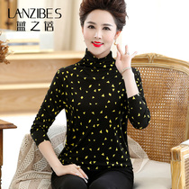 Silk high collar base shirt women long sleeve mulberry silk print slim spring and autumn middle-aged mother with T-shirt shirt