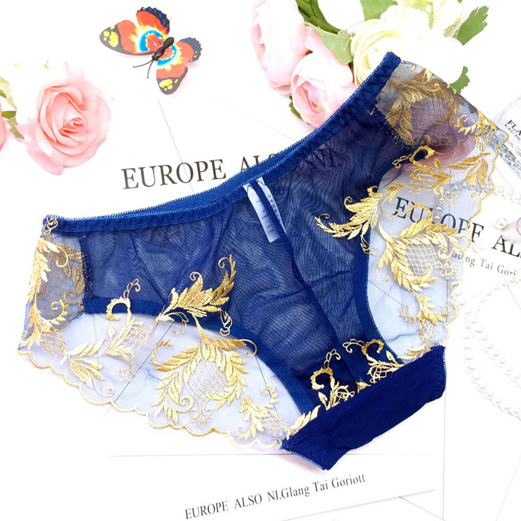 2024 New Style European and American Adult Women's Mesh Embroidered Flower Sexy Transparent Lace Navy Blue Mid-Waist Panties 2024 New Style European and American Adult Women's Mesh Embroidered Flower Sexy Transparent Lace Navy Blue Mid-Waist Panties
