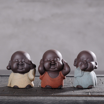 New color sand tea pet three little monk ornaments Purple sand ceramics Small Sami Maitreya Buddha Kung Fu tea set tea play