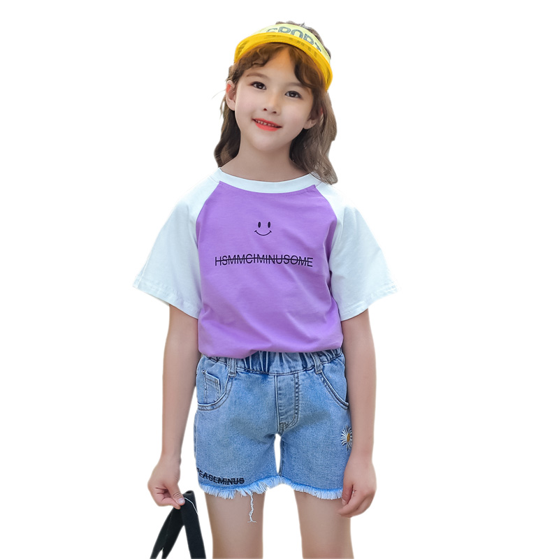 Cô gái mùa hè 2020 mới trẻ em Set Casual Daisy ngắn tay Kiểu dáng đẹp Denim Short Skirt Hai mảnh Set.