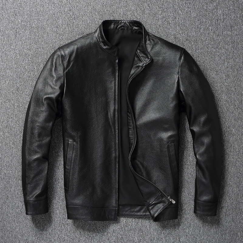 First layer calfskin Haining genuine leather jacket men's plus cotton stand collar leather jacket spring and autumn dad's casual soft jacket