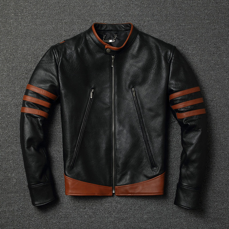 19 New Model Wolverine Style Sheepskin Color-Blocked Genuine Leather Jacket Men's Short Stand Collar Biker Leather Jacket Coat
