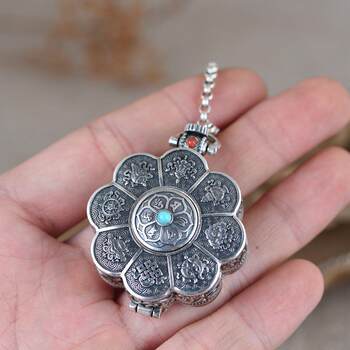 Sterling Silver Ethnic Style Six-Character Mantra Openable Hollow Amulet Box Vintage Necklace Pendant for Men and Women