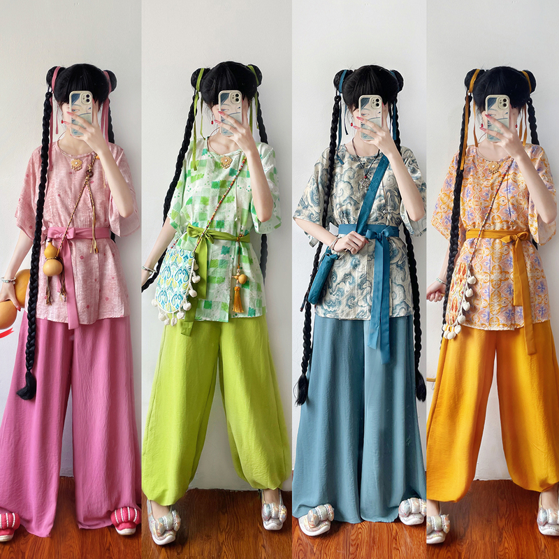 Shanhaiji【Little Sister】Short-Sleeved Round-Neck Robe with Wide-Leg Pants, Summer Daily Hanfu Shanhaiji【Little Sister】Short-Sleeved Round-Neck Robe with Wide-Leg Pants, Summer Daily Hanfu