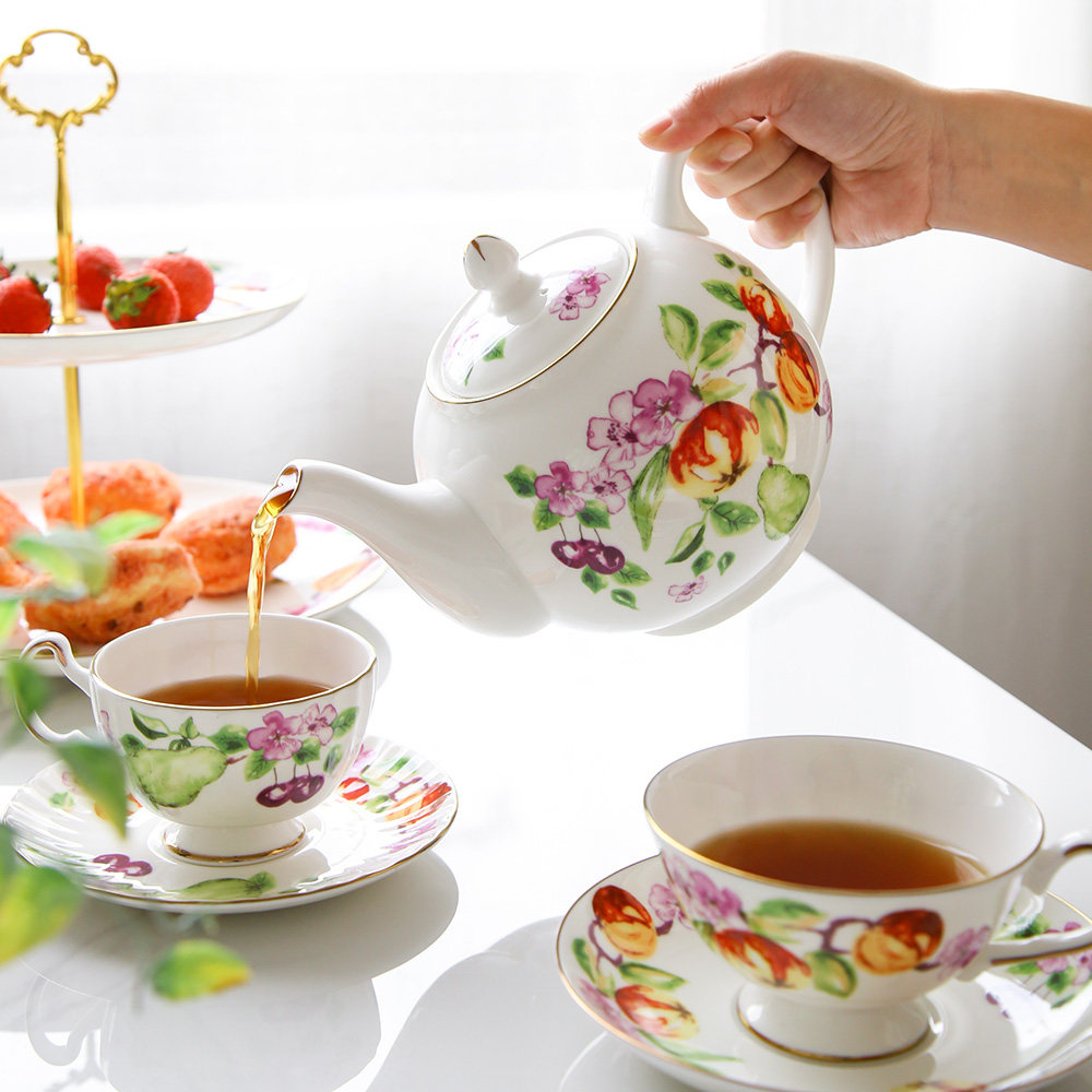 Bone China Porcelain Creative English Style Afternoon Tea With Black Tea Coffee Fields Garden Wind Ceramic Pot Cups Saucepan-Style Double Layer Fruit Tray Refreshment