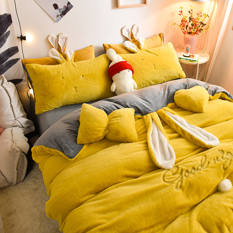 Rabbit velvet four-piece set double-sided coral velvet flannel girl heart sheet quilt cover padded warm bedding winter