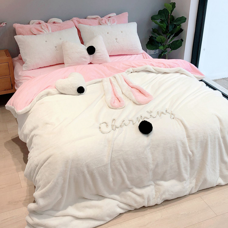 Rabbit velvet four-piece set girl baby velvet double-sided velvet coral velvet thickened warm winter bedding