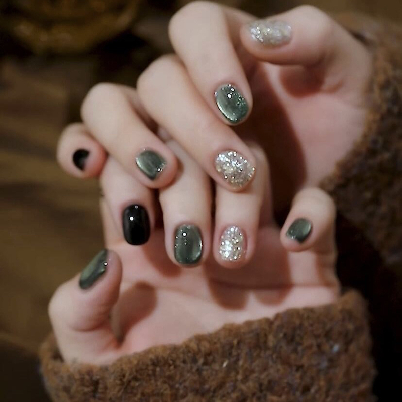 Night Elf Green Cat Eye Short Handmade Custom Wearable Nail Art Finished Fake Nail Patch Removable Nail Art Finished Product Brightening