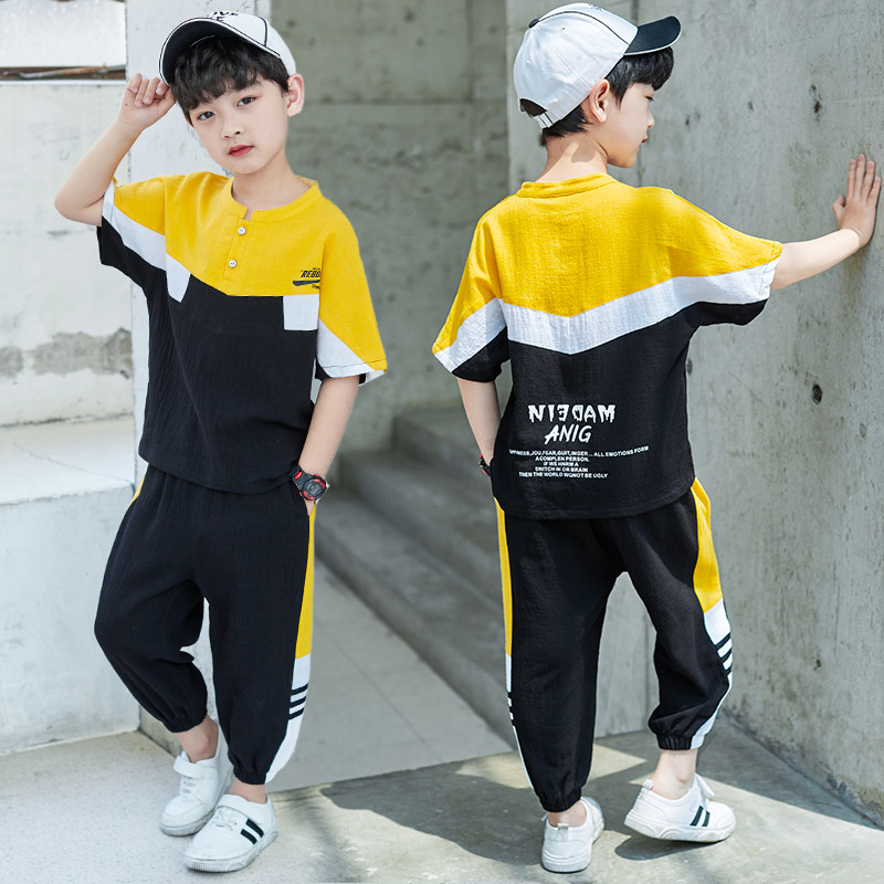 Children suit boy summer clothing suit 2022 new summer handsome boy short sleeve cotton linen CUHK's Korean version of the ocean