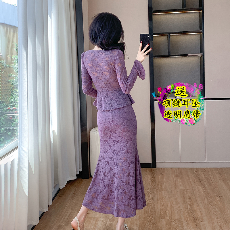 Elegant French-Style Socialite V-Neck Flared Sleeve Lace Bodycon Fishtail Dress Mini Dress