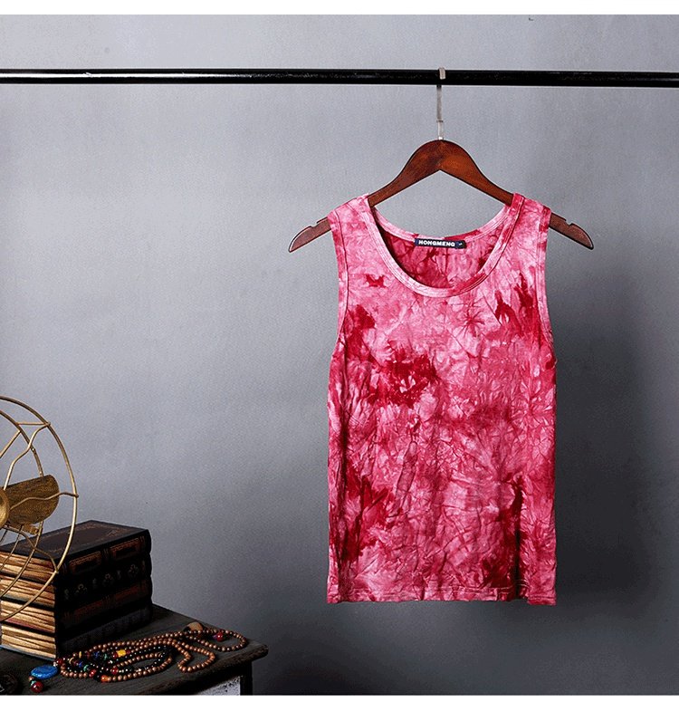 Áo thun cotton cổ tròn không tay, áo thun bó sát nhuộm vest liền mạch nam mùa hè béo cỡ lớn khiêu vũ đường phố lạ mắt vest ao the thao