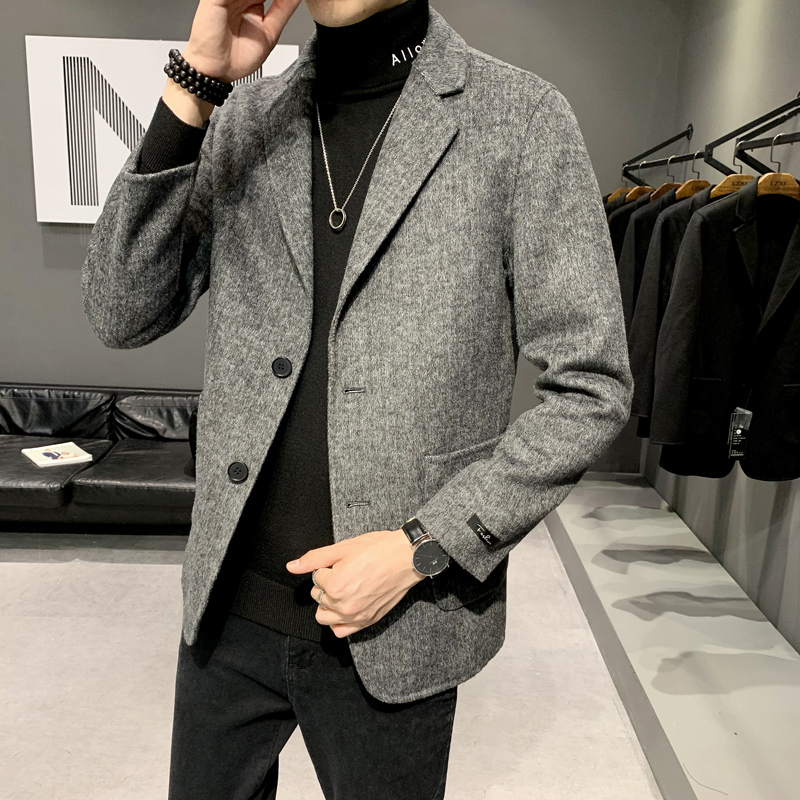 High-end autumn and winter handmade double-sided cashmere coat men's short windbreaker coat British slim woolen suit men