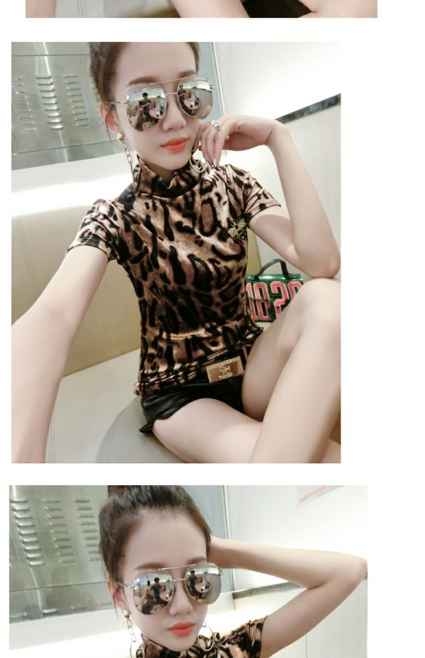 Châu Âu ga xuân hè mới gợi cảm cao cổ áo ngắn tay áo thun nữ da báo vàng nhung đáy áo áo phông trắng nữ