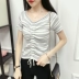 Mùa hè 2019 phiên bản mới của Hàn Quốc của dây rút cổ chữ V tay lụa ngắn đan lụa phần mỏng sọc áo sơ mi mỏng áo khoác len nữ Đan Cardigan