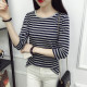 Spring and autumn Korean cotton pure black and white striped long-sleeved T-shirt women's tops large size slim fit versatile three-quarter sleeve bottoming shirt