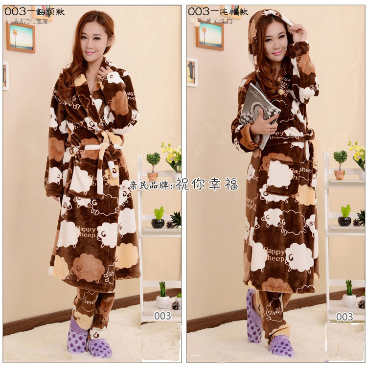 Áo choàng lông cừu Coral mùa đông nam độc quyền dài đồ ngủ ấm áo độn nữ mùa đông hai mảnh với quần đồ ngủ phi bóng
